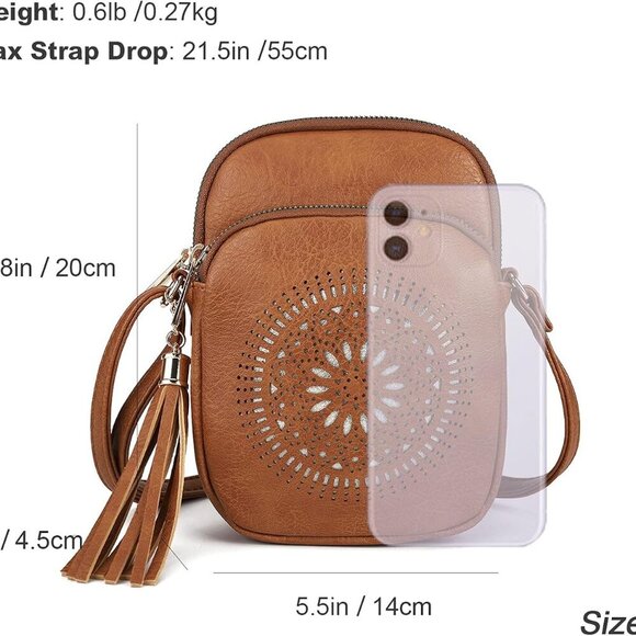 Small Crossbody Bag Faux Leather Boho Style with Tassel and Triple Zips - Picture 6 of 7